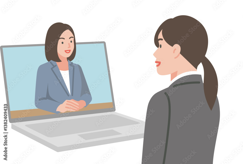 オンラインで面接する女性 オンラインで面接する女性