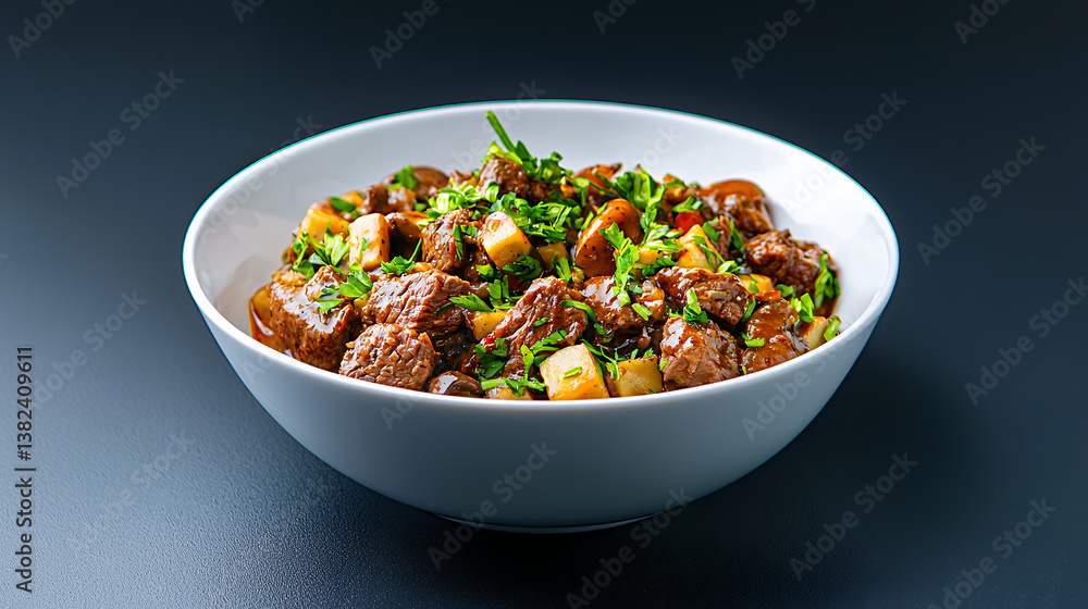 Delicious beef stew with tender meat, potatoes, and fresh herbs, perfect for comforting meal Delicious beef stew with tender meat, potatoes, and fresh herbs, perfect for comforting meal
