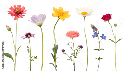 A collection of small flowers isolated against a flat background