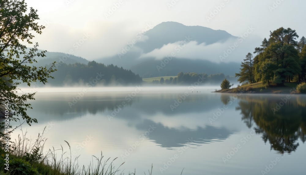 Fototapeta premium Mist over the Lake Early morning mist rising above a calm lake, with dew surrounding the edges of the water.