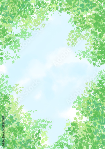見上げた木々の緑と空