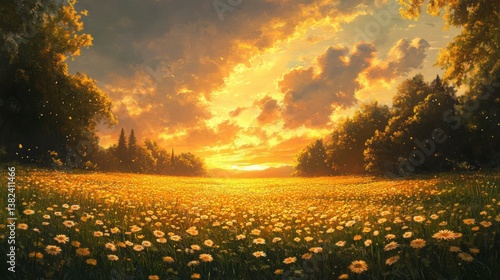 A green field adorned with a carpet of yellow daisies under a golden sunset