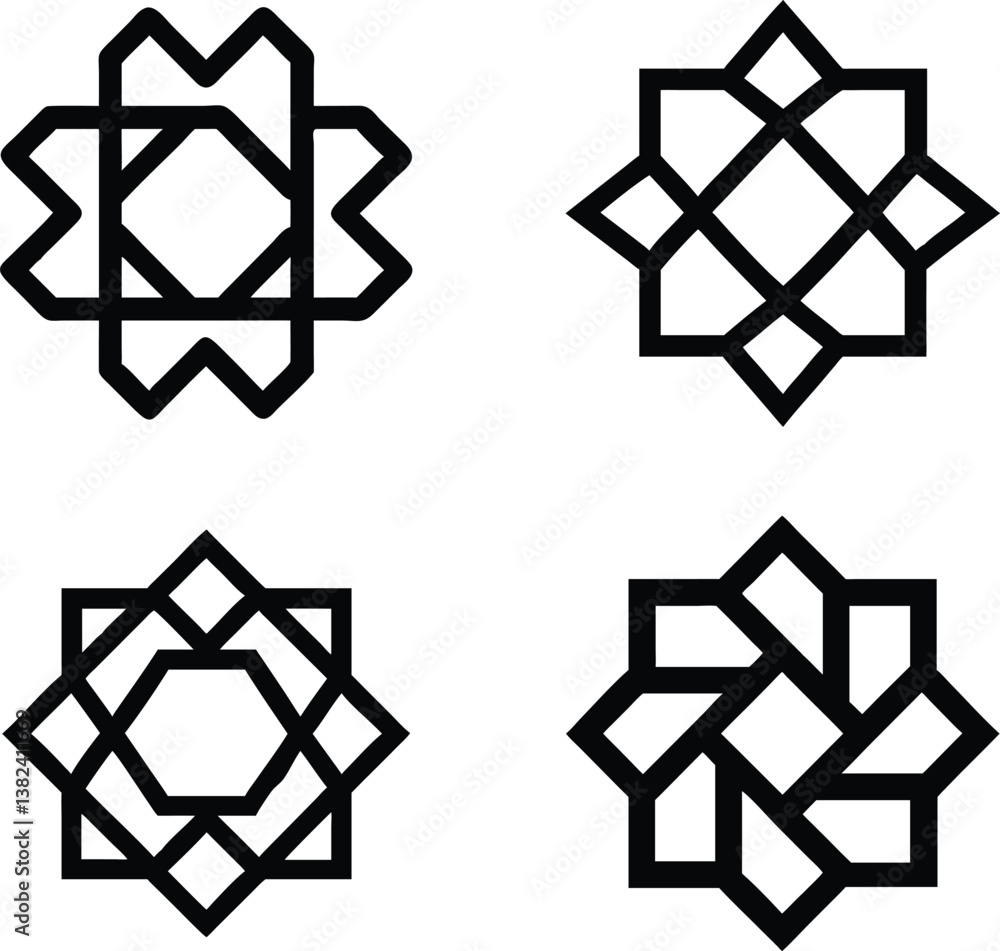 Four intricate geometric patterns in a black and white design. Four intricate geometric patterns in a black and white design.
