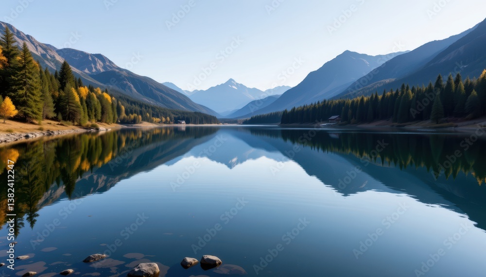 Fototapeta premium Nature's Reflection A serene lake perfectly reflecting surrounding trees and mountains, interspersed with small ripples.