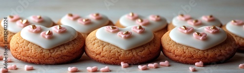 Several cookies with white icing and pink hearts on a table
