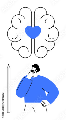 Man in blue sweater deep in thought with brain-shaped heart symbol above and pencil next to him. Ideal for creativity, emotional intelligence, design, brainstorming, innovation, thought process