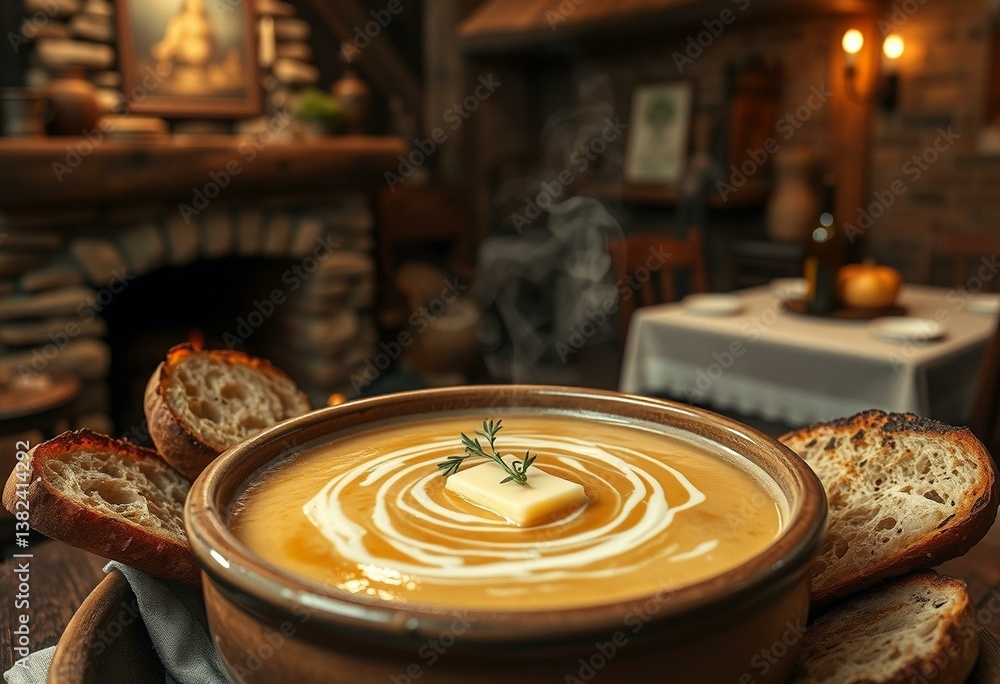 Rustic French Onion Soup in a cozy dining room Rustic French Onion Soup in a cozy dining room