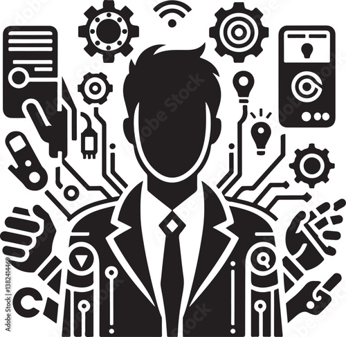 Silhouette icon of an AI and tech influencer. Perfect for digital marketing, AI innovation, social media, branding, and futuristic technology content.
