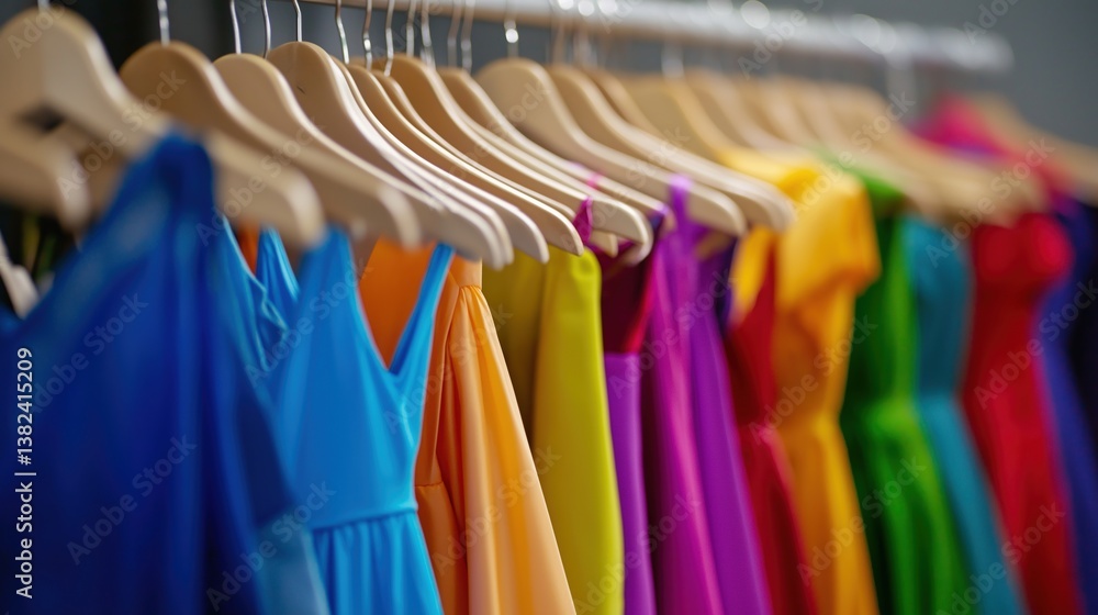 Obraz premium Colorful Dresses Hanging on Wooden Hangers