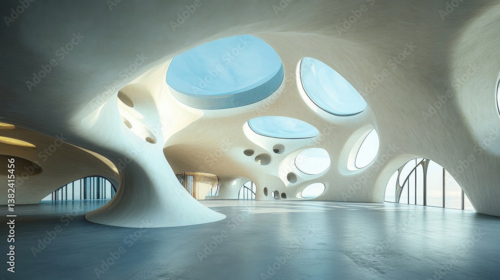 abstract white interior design with organic shapes and skylights abstract white interior design with organic shapes and skylights