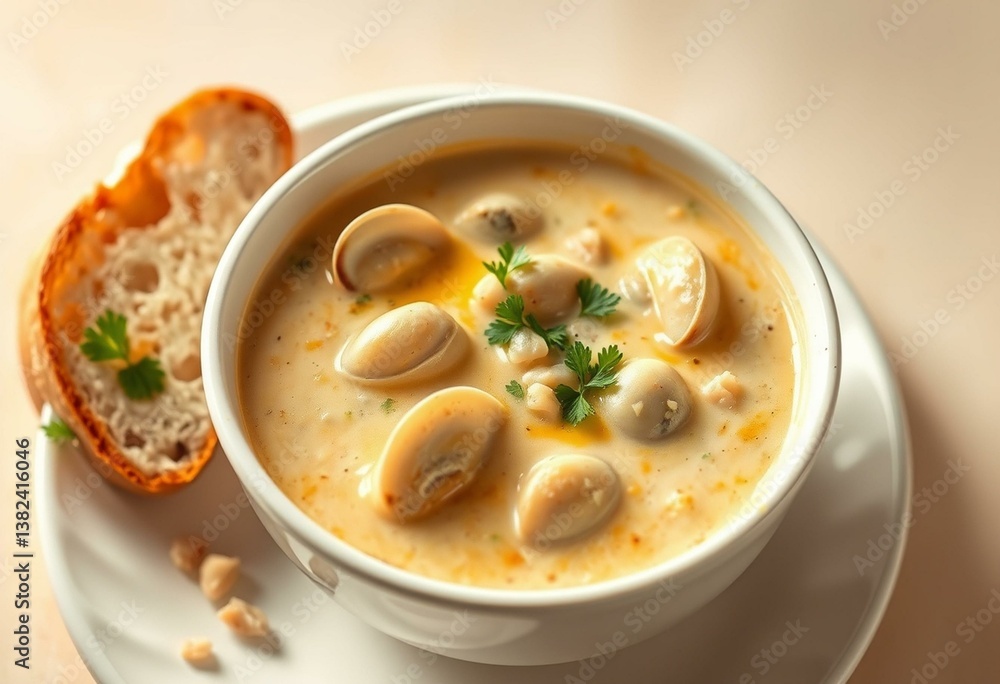 Steaming hot bowl of creamy Clam Chowder Soup with crusty bread and parsley Steaming hot bowl of creamy Clam Chowder Soup with crusty bread and parsley