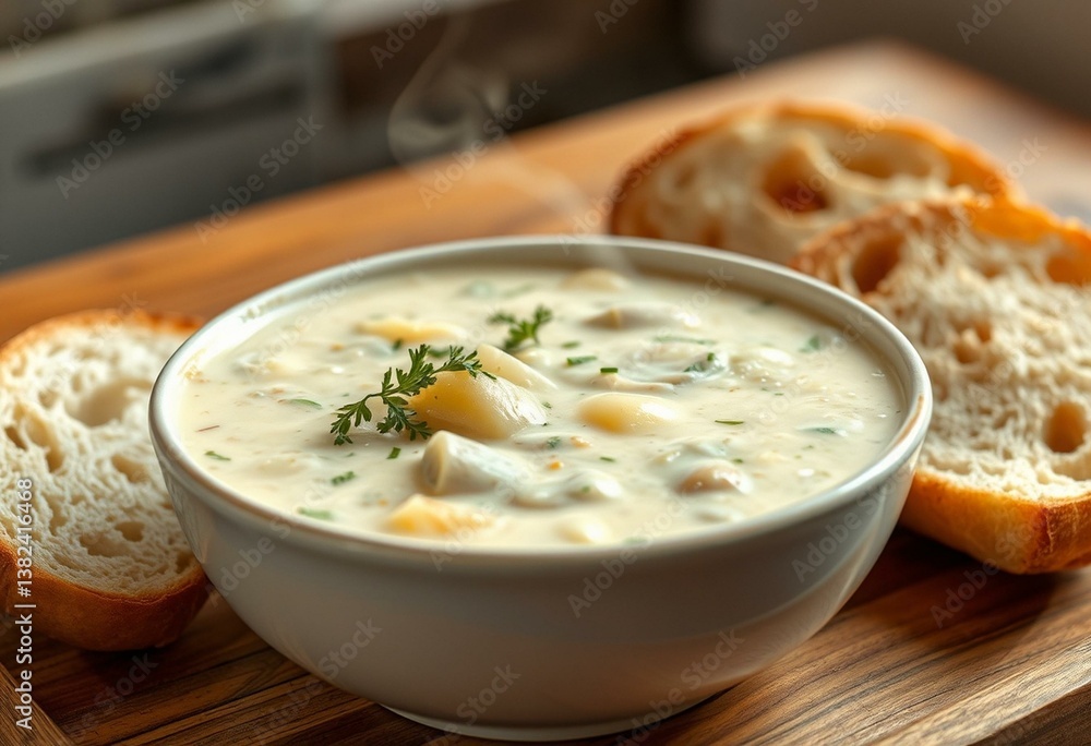 Steaming hot Clam Chowder Soup with parsley and crusty bread Steaming hot Clam Chowder Soup with parsley and crusty bread