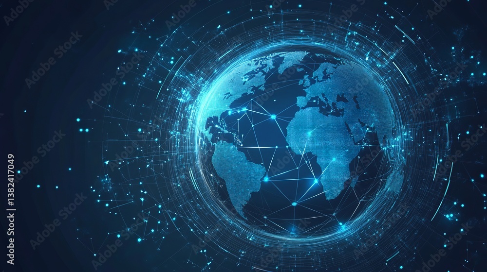 A blue world globe with digital connections and network lines in a dark background space view A blue world globe with digital connections and network lines in a dark background space view