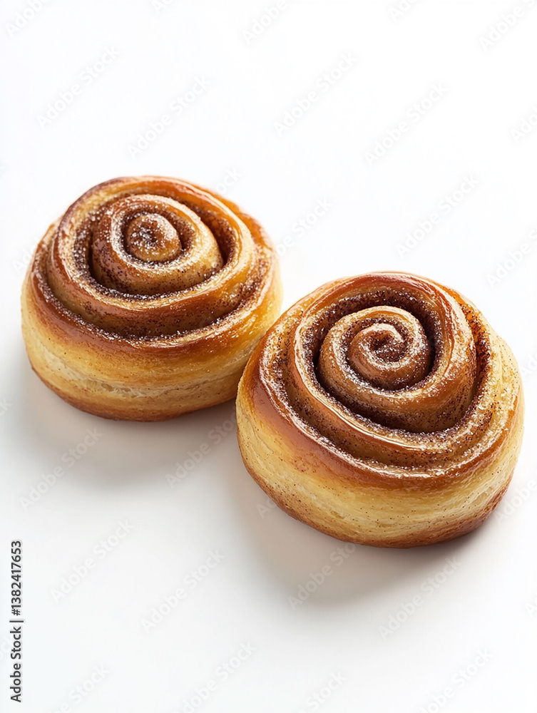 Two cinnamon rolls placed on a white background. The rolls are golden-brown and have a spiral shape, with visible layers of dough and a rich cinnamon filling Two cinnamon rolls placed on a white background. The rolls are golden-brown and have a spiral shape, with visible layers of dough and a rich cinnamon filling