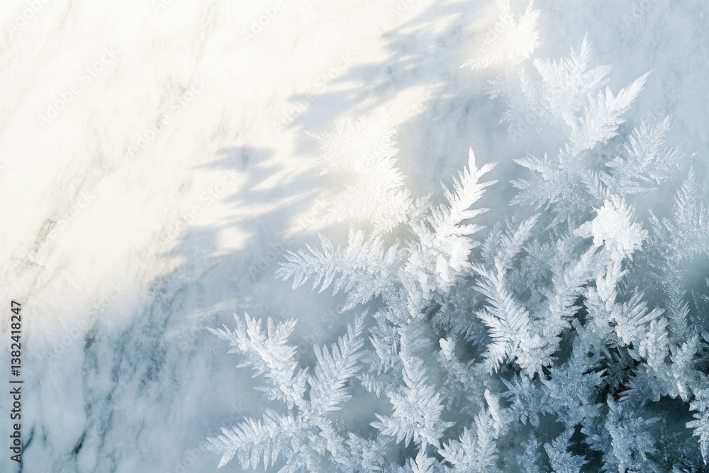 Obraz premium Intricate ice crystals resembling fern leaves, delicately formed on a marble-like surface.