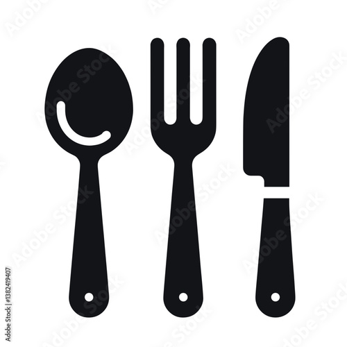 Spoon, fork, and knife in minimalist design, black and white, tableware concept