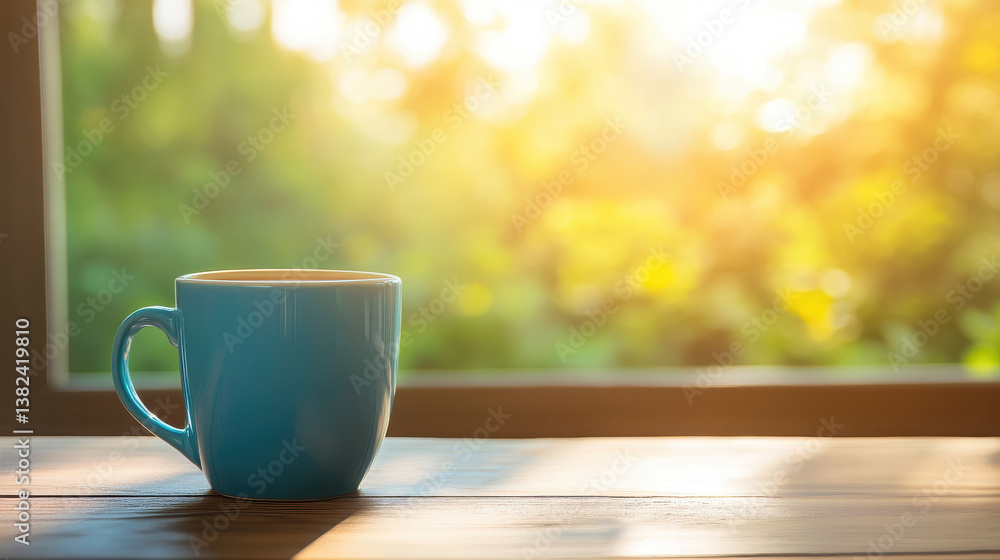 A blue mug sits on a wooden table, bathed in warm sunlight with a lush green backdrop. A blue mug sits on a wooden table, bathed in warm sunlight with a lush green backdrop.