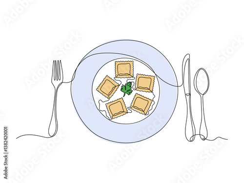 Abstract Dumplings, ravioli on the plate, continuous single one line art hand drawing sketch logo