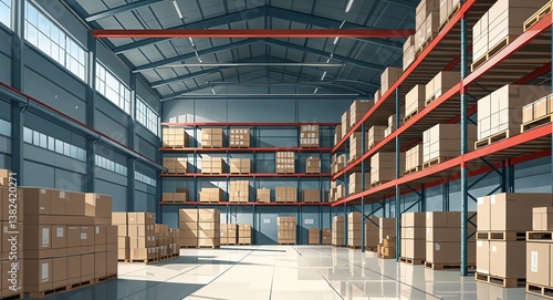 A wide angle view of a large warehouse with organized storage sections anime cartoon style illustration artwork design background