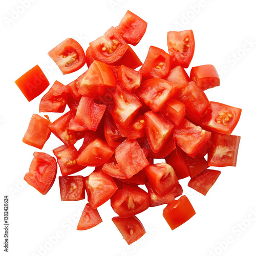 A top view of a pile of diced red tomatoes on a black background with visible seeds and juice sacs