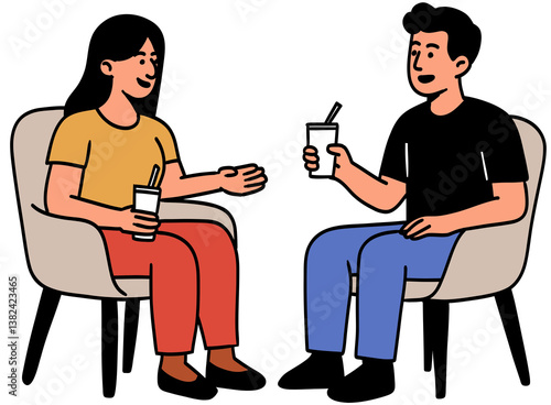 Line art style depiction of two people talking, holding beverages, isolated on a transparent background.