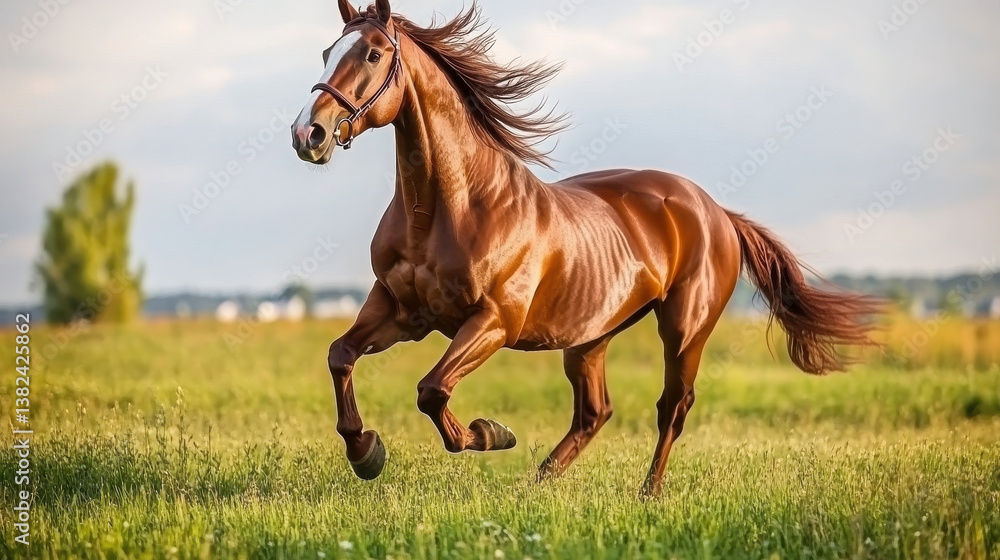 Obraz premium A chestnut horse galloping gracefully in a lush green field under a cloudy sky.