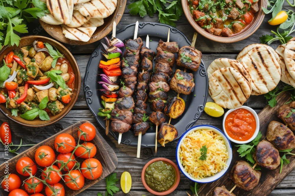 A delightful Mediterranean dinner spread featuring grilled meats, fresh vegetables, aromatic rice, and delicious dips in a rustic outdoor setting during a warm evening A delightful Mediterranean dinner spread featuring grilled meats, fresh vegetables, aromatic rice, and delicious dips in a rustic outdoor setting during a warm evening