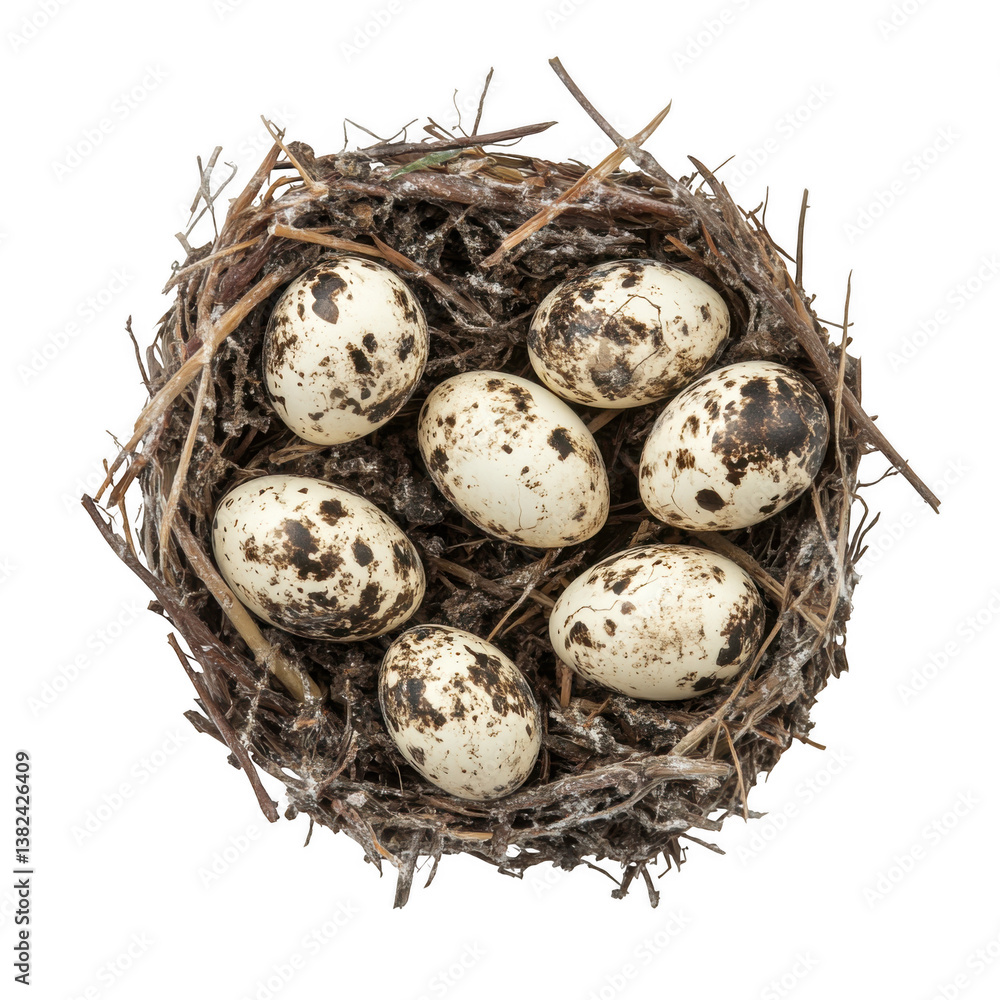 Obraz premium A bird's nest filled with speckled eggs against a black background viewed from directly above