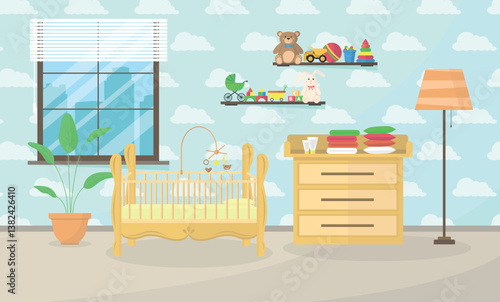 Interior of a children's room with a crib, changing table and toys. Concept of a children's room.