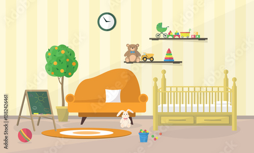 Interior of a children's playroom with a crib, sofa, board and toys. Room for games and development.