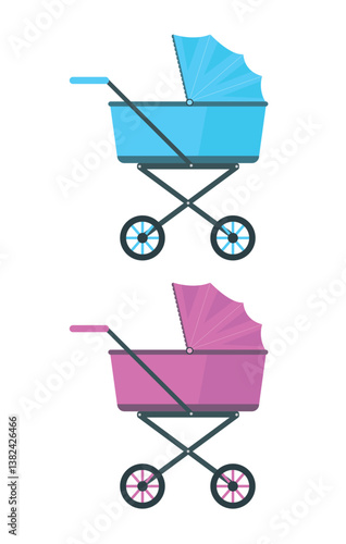 Icon of two baby strollers on a white background. Stroller for a boy and a girl.
