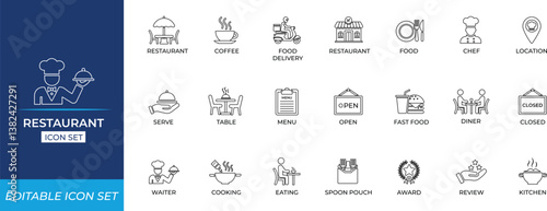 Restaurant line icon set featuring food service, waiter, review, reception, open, service, children, ,delivery, and hospitality graphics for branding 