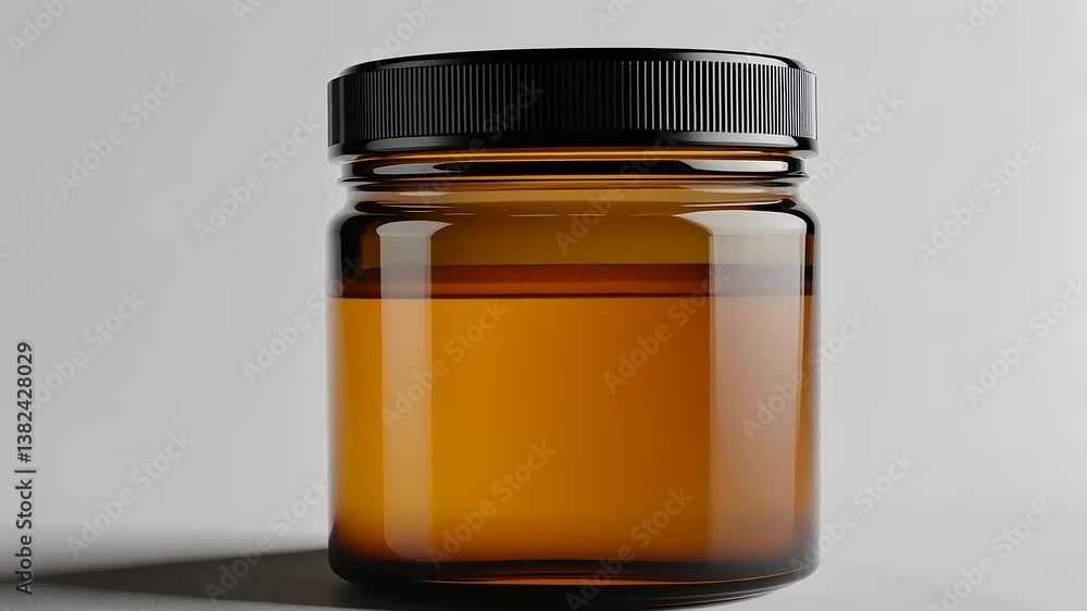 A clear glass jar filled with amber liquid, positioned on a neutral background, showcasing its shape A clear glass jar filled with amber liquid, positioned on a neutral background, showcasing its shape