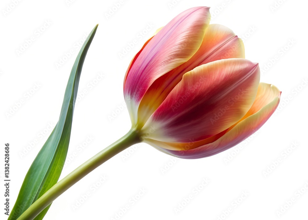 Fototapeta premium Single stem of tall and slender tulip on white, elegant, petals, colorful