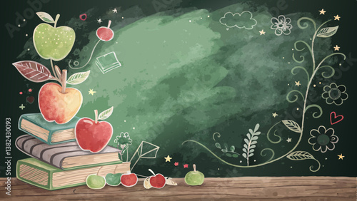 *Watercolor chalkboard background, blended green and black with playful colorful chalk drawings of apples and books, nostalgic and playful, education and learning concept* 
