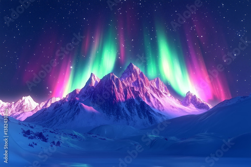 Realistic view of northern lights over a mountain landscape with reflection in a lake at night. Natural scenery with vivid aurora in a peaceful, snowy environment.