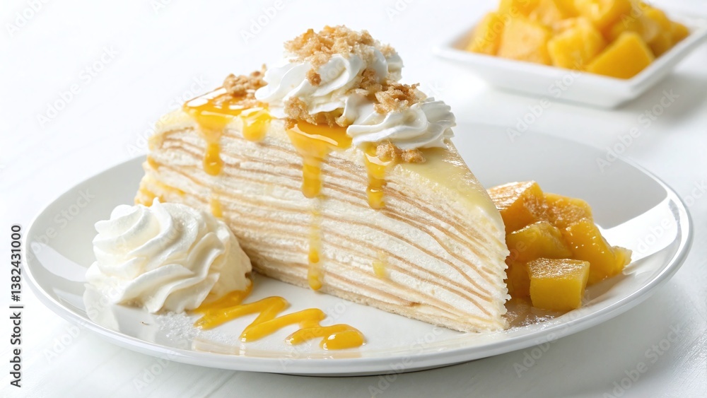 Delicious Crepe Cake Slice with Mango and Whipped Cream Dessert Delicious Crepe Cake Slice with Mango and Whipped Cream Dessert