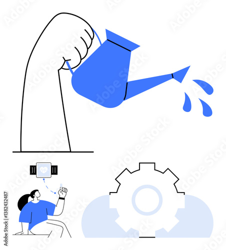 Hand holding watering can, person connecting to device, and gear setting. Ideal for growth, technology, connection, wellness, self-improvement innovation progress. Flat simple metaphor