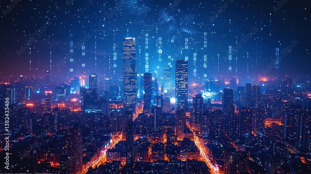 Fototapeta premium Nighttime cityscape with blue light trails and digital data streams illustrating technology integration in urban life. Glowing skyscrapers connected by neon data pathways symbolizing smart city.