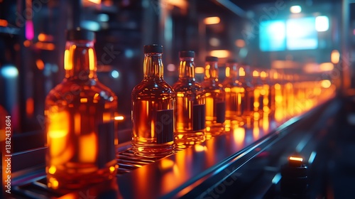 Bottled spirits on automated production line in futuristic facility