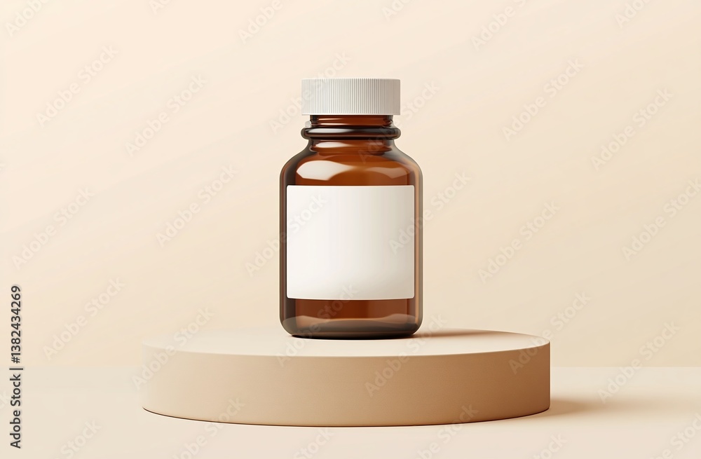 Amber Glass Bottle with White Label Mockup on Beige Platform Product Packaging Design Amber Glass Bottle with White Label Mockup on Beige Platform Product Packaging Design