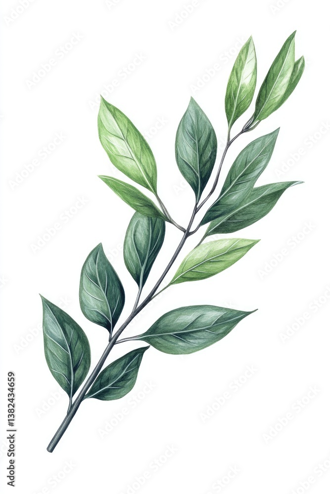 Italian Ruscus Branch. Hand-Drawn Green Leaf of Tree Branch in Nature Italian Ruscus Branch. Hand-Drawn Green Leaf of Tree Branch in Nature