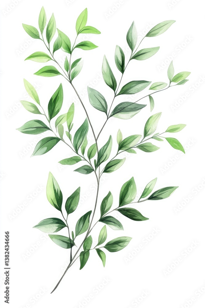 Fototapeta premium Italian Ruscus Branch. Hand-Drawn Green Leaf Plant in Natural Summer Background