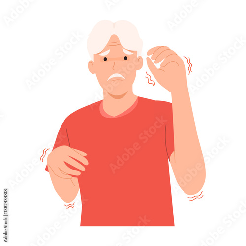 Vector illustration of an old man showing tremor, a symbol of Parkinson's disease and essential tremor. Symptoms are slow movement and muscle stiffness.