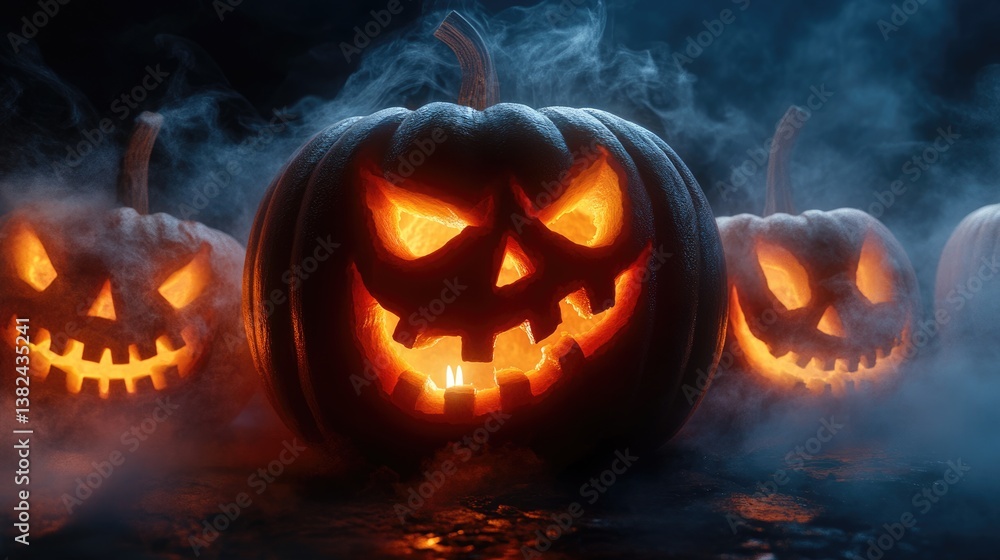 Fototapeta premium Jack O Latern. Halloween Pumpkins with Carved Grimaces and Candles Inside Emitting Smoke in the Dark