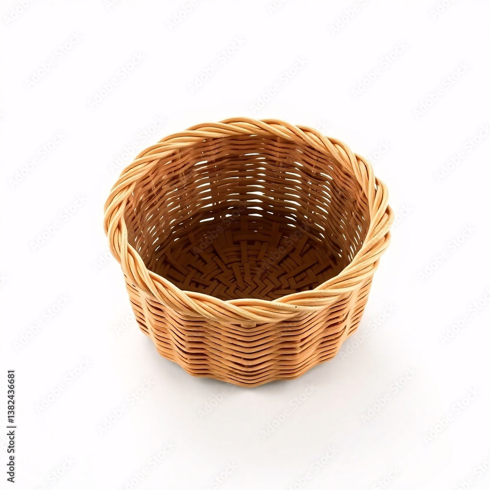 Fototapeta premium A round, brown wicker basket isolated on a white background.