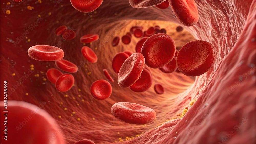Fototapeta premium Microscopic View of Red Blood Cells Flowing Through a Vein Detailed 3D Medical Illustration