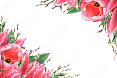 Watercolor rectangular frame of pink tulips and pussy willow, catkins, sallow branches. Hand drawn botanical watercolor illustration isolated on white background. For clipart greeting cards invitation