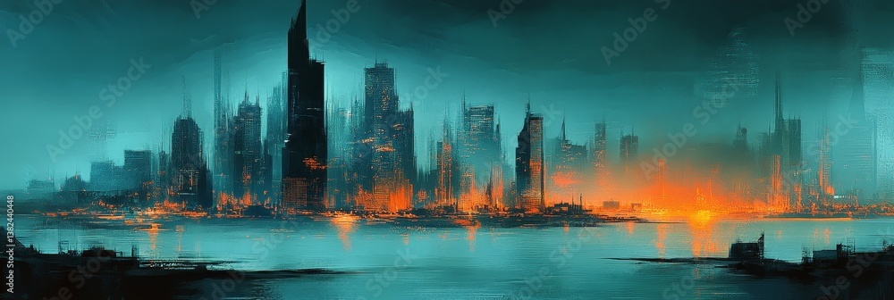 Naklejka premium City skyline at night with water in foreground and dark