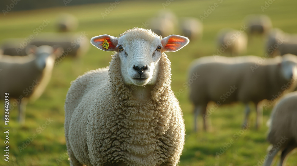 Obraz premium A close-up of a sheep in a grassy field, surrounded by other sheep in the background.